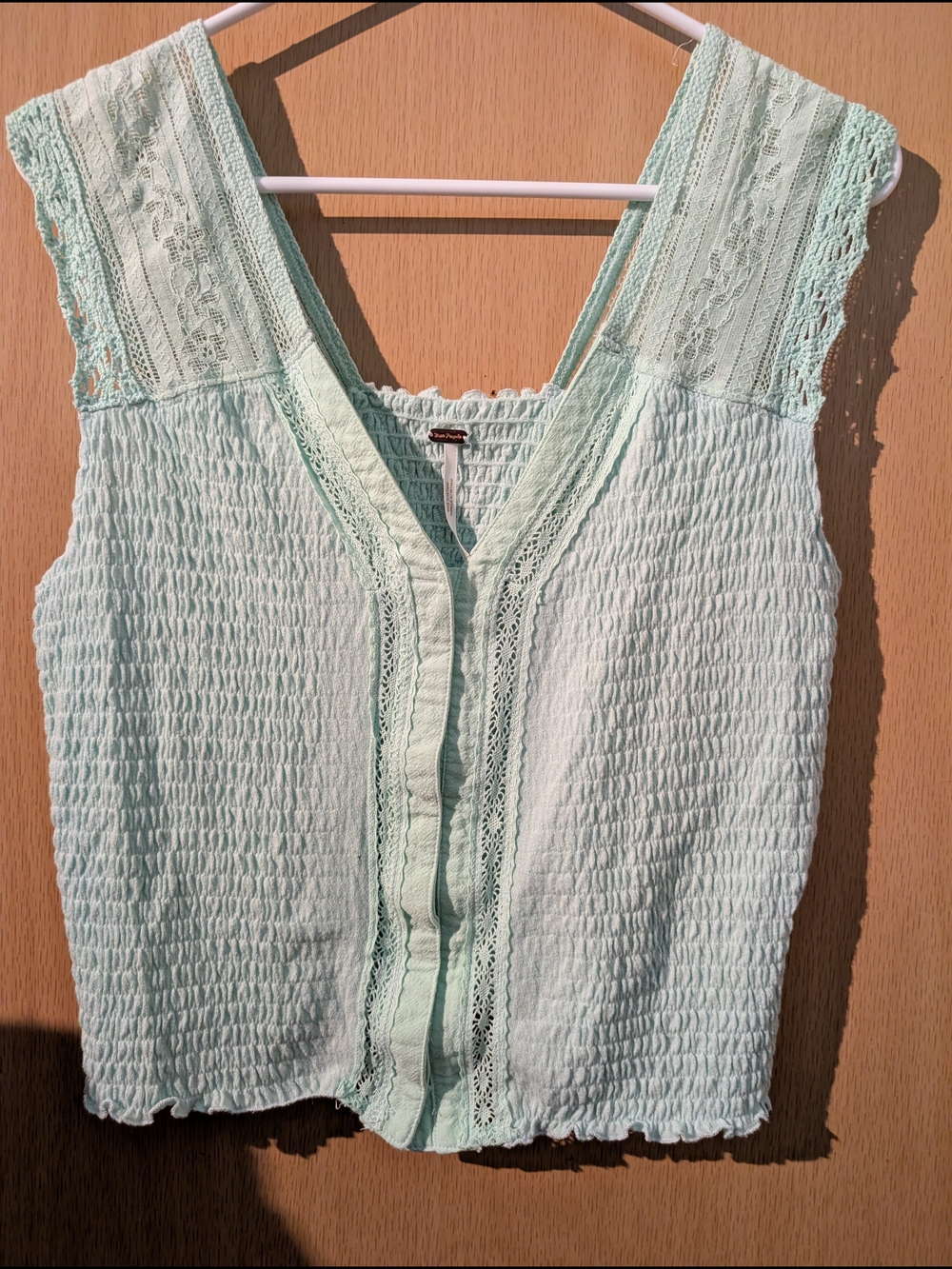 Free People Mint Green Lace-Trim Smocked Sleeveless Top